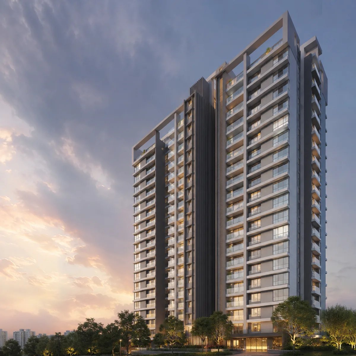 Lodha Hoskote high-rise tower over the landscaped arrival court
